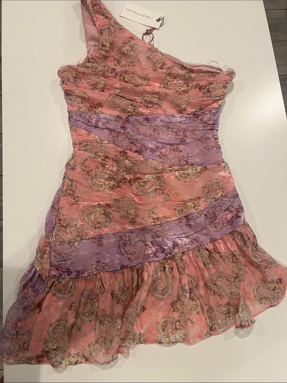 LoveShackFancy Pink and Lavender Floral One-Shoulder Dress